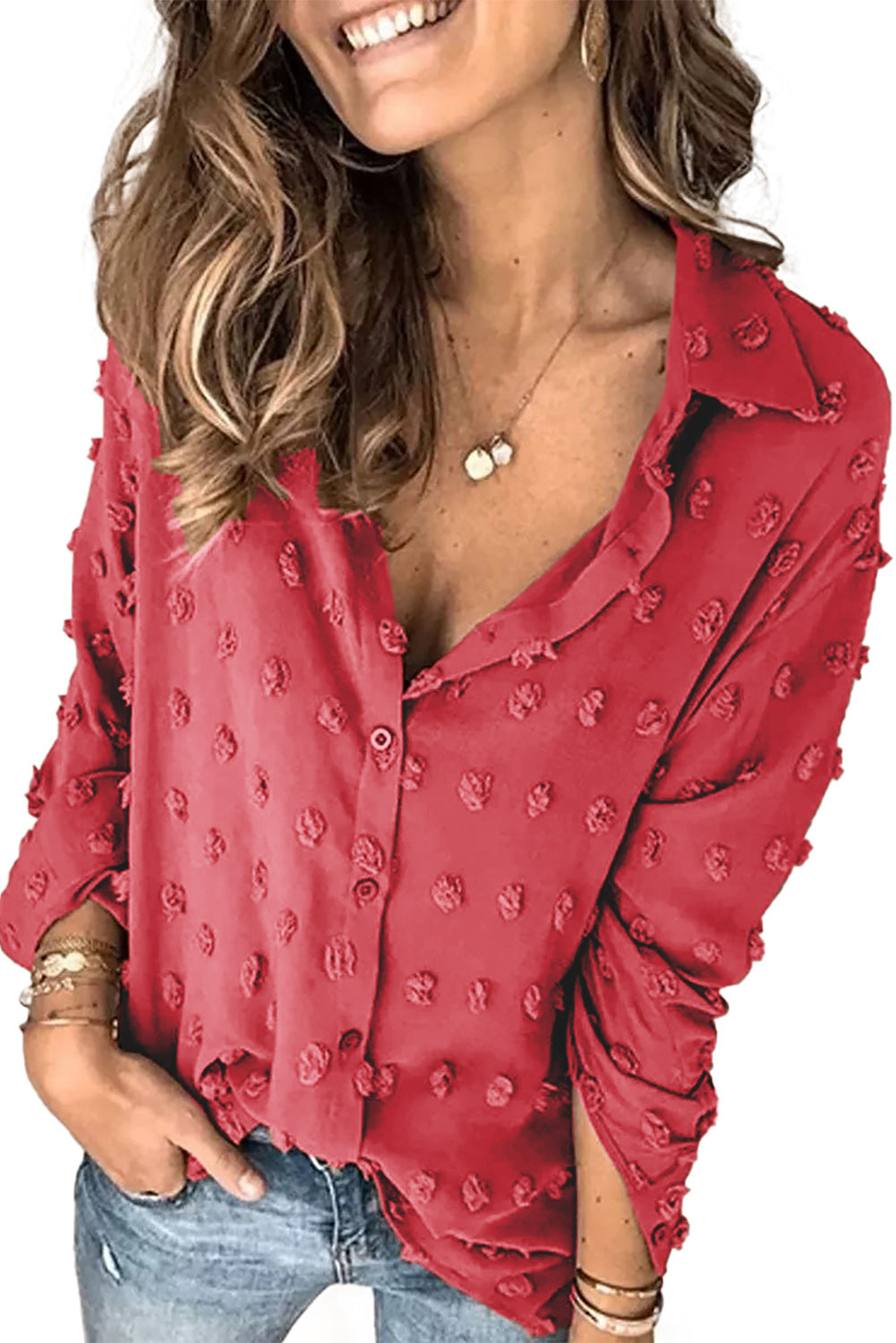 Fiery Red Long Sleeve Button Fuzzy Polka Dot Shirt