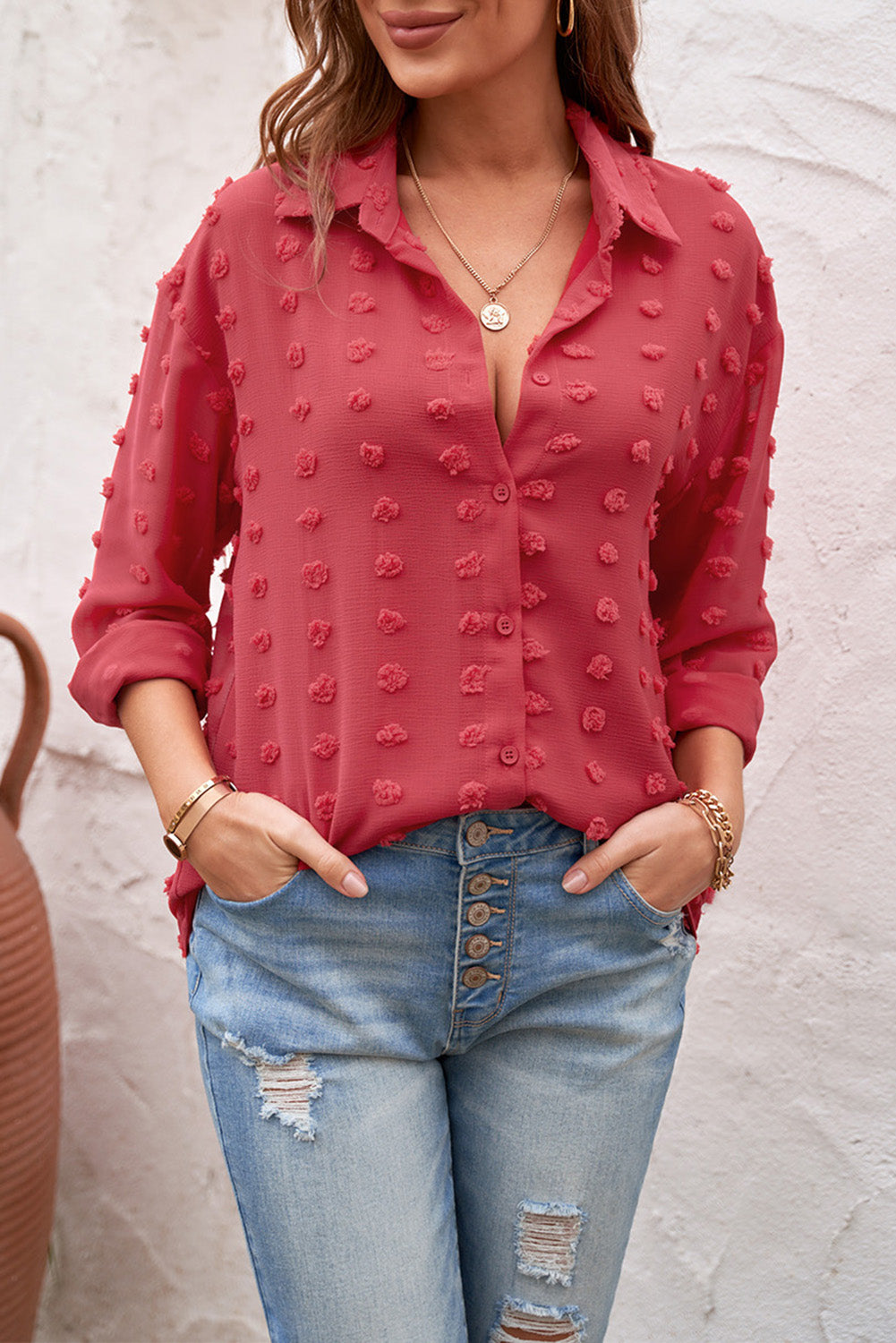 Fiery Red Long Sleeve Button Fuzzy Polka Dot Shirt