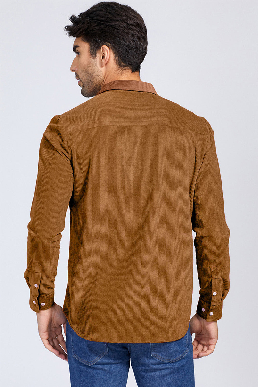 Brown Men Corduroy Flap Pocket Button Front Shirt