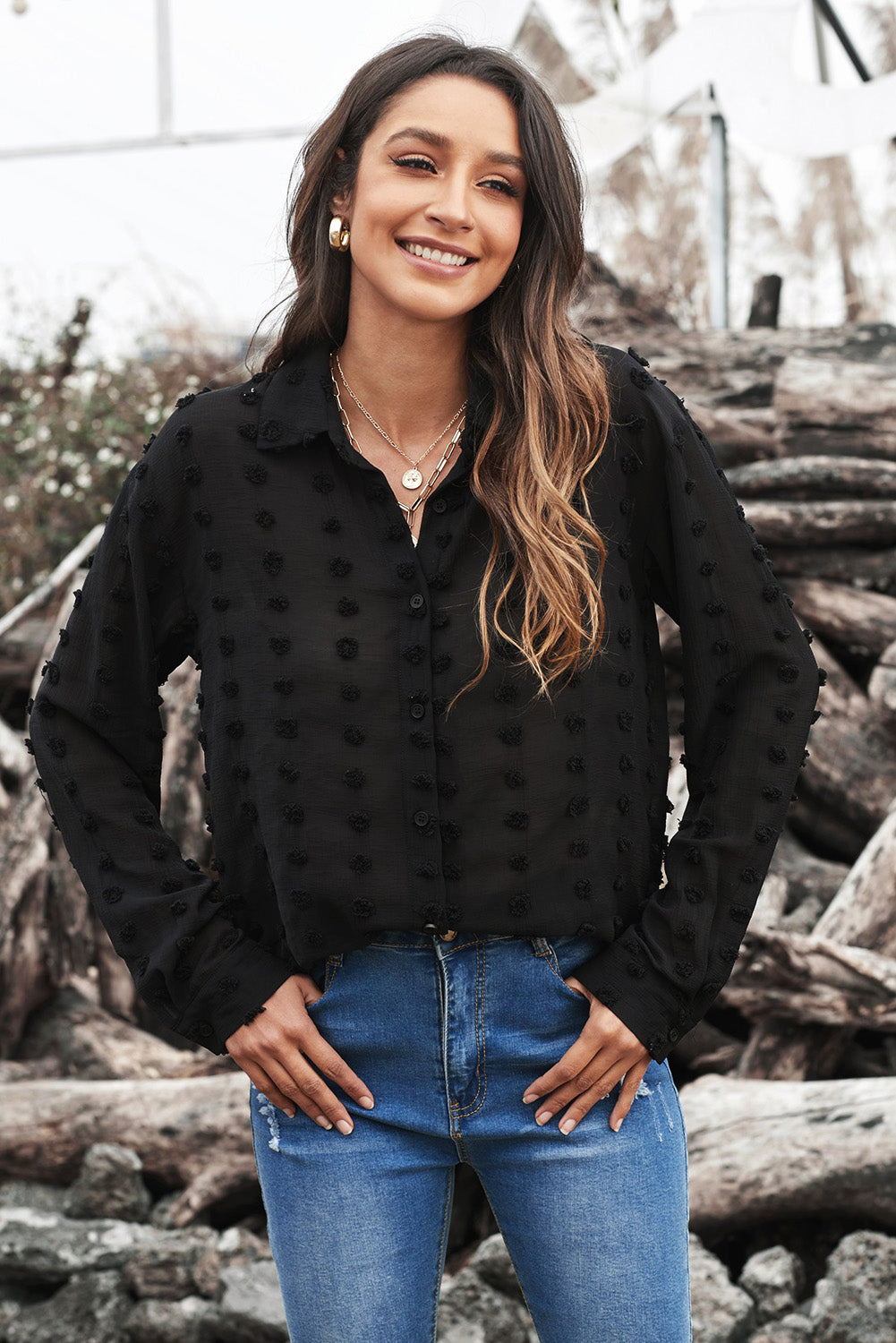 Fiery Red Long Sleeve Button Fuzzy Polka Dot Shirt