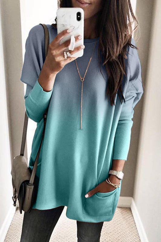 Ombre Blue Color Block Pocketed Side Long Top