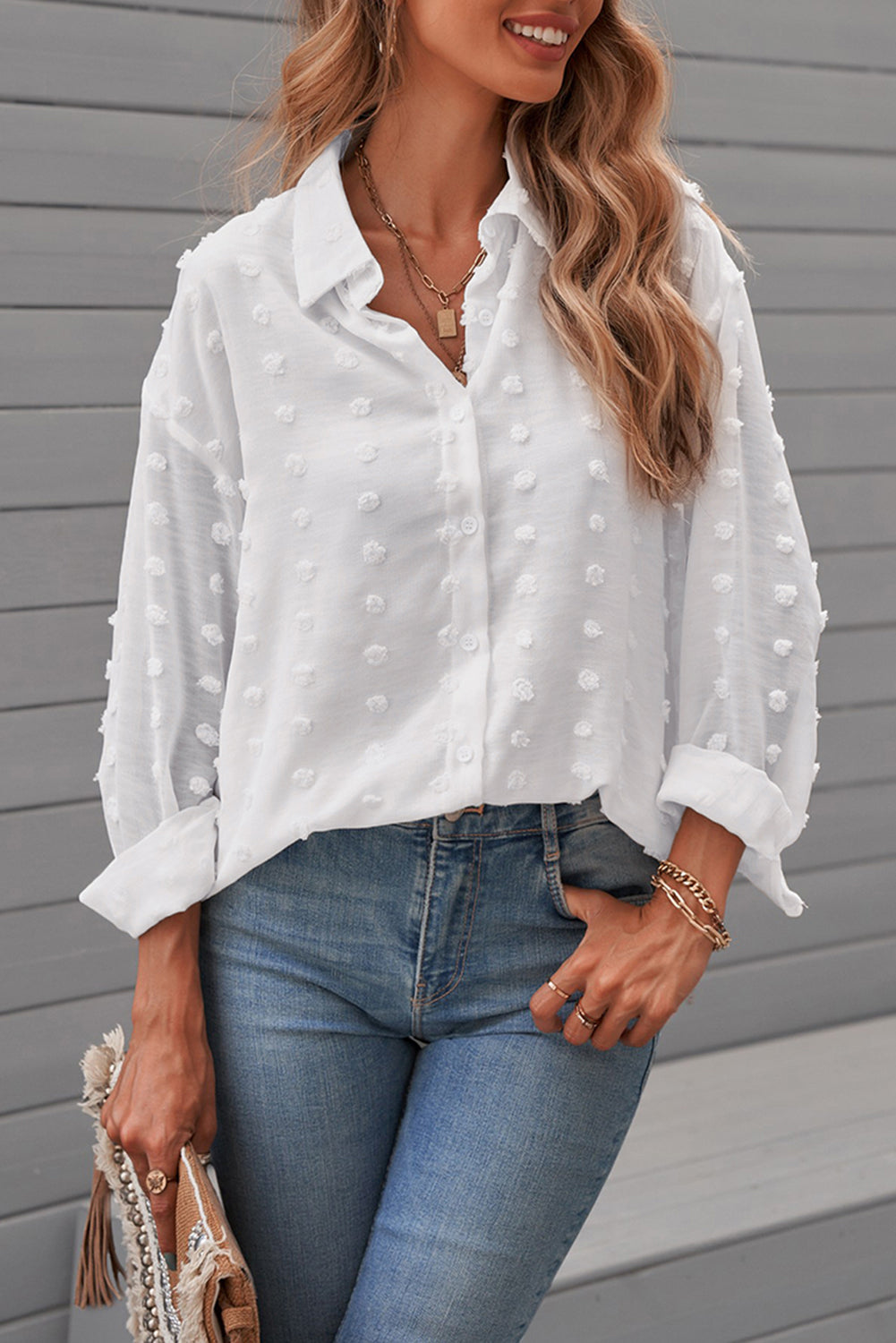 Fiery Red Long Sleeve Button Fuzzy Polka Dot Shirt