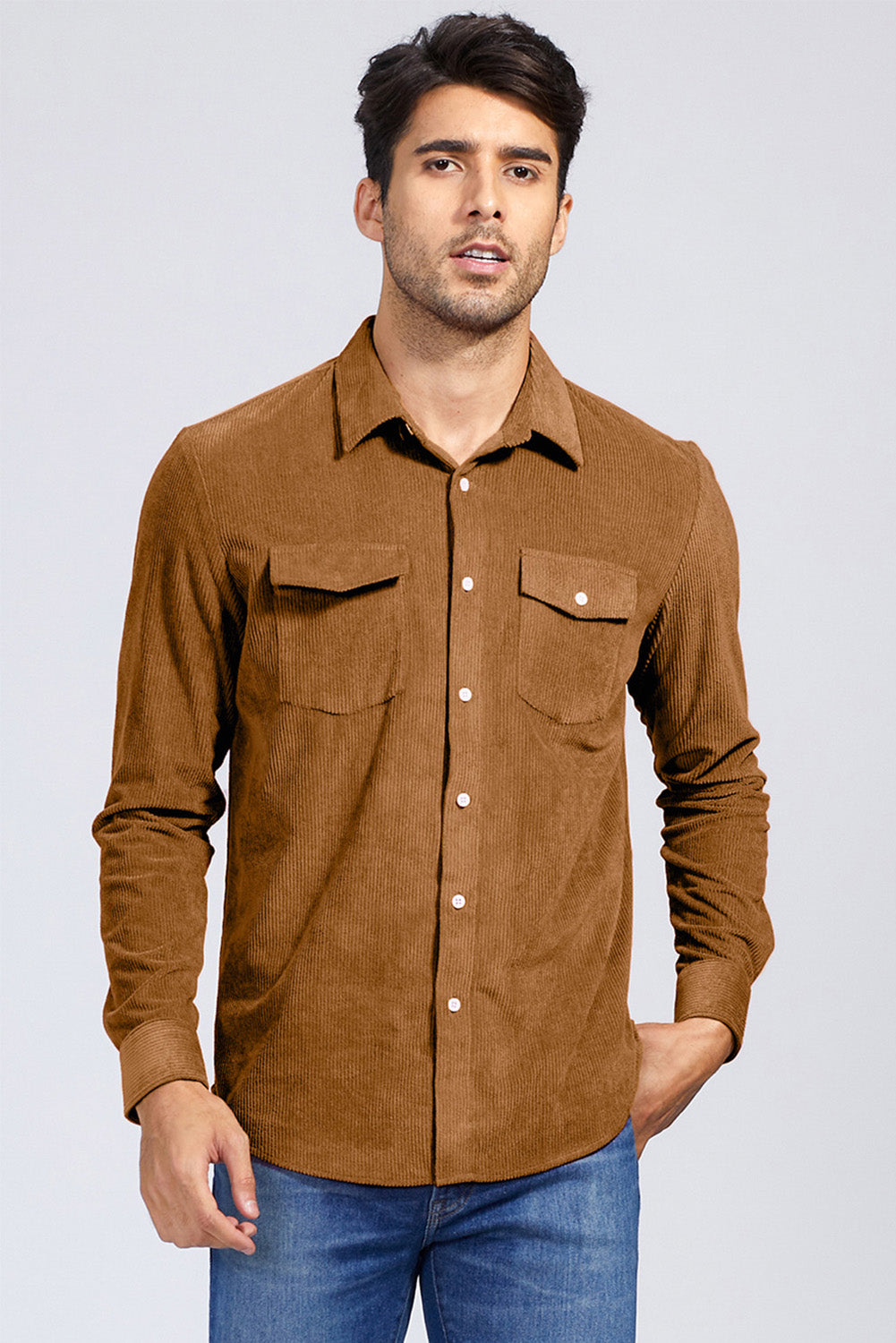 Brown Men Corduroy Flap Pocket Button Front Shirt