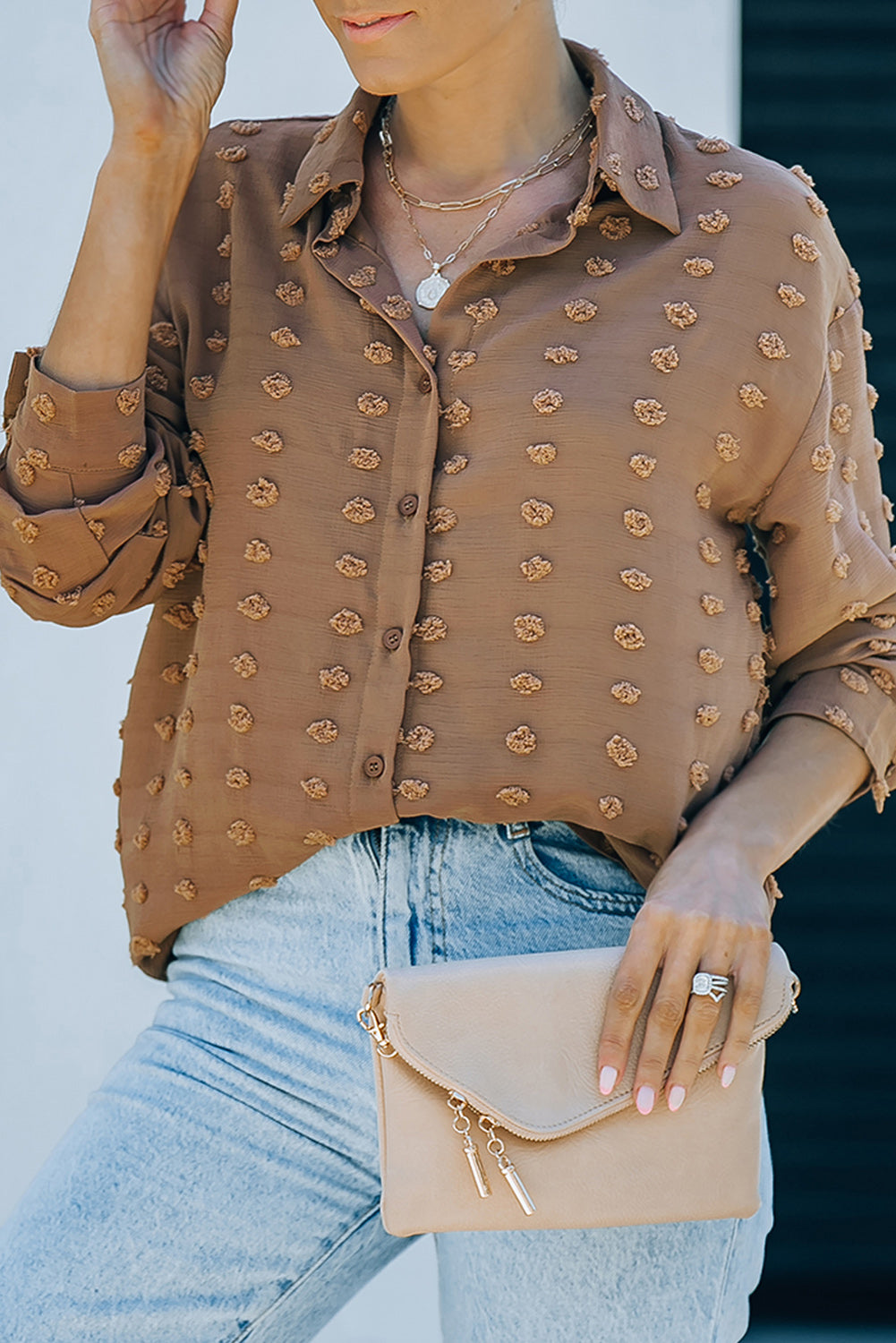 Fiery Red Long Sleeve Button Fuzzy Polka Dot Shirt