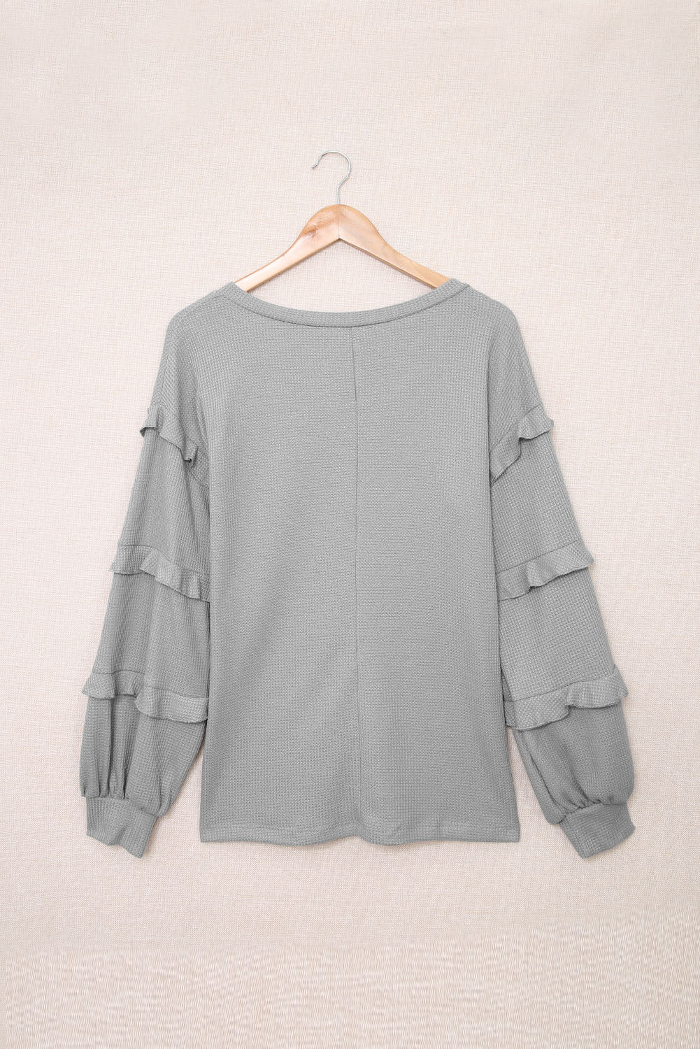 Grey Waffle Ruffled V Neck Loose Knit Top