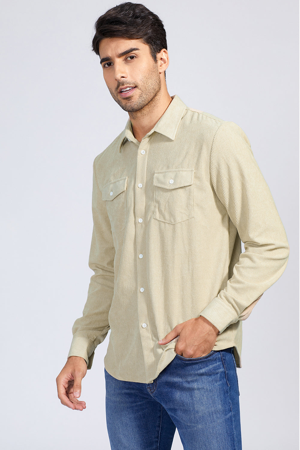 Brown Men Corduroy Flap Pocket Button Front Shirt