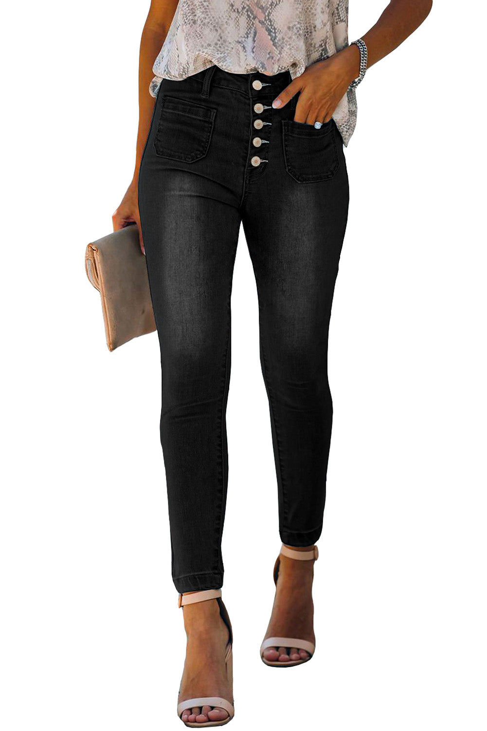 Black Button Fly Skinny Jeans with Pockets