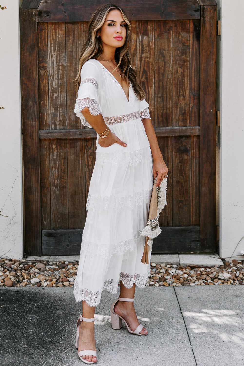 White Swiss Dot Print See-through Lace Patch Layered Long Dress