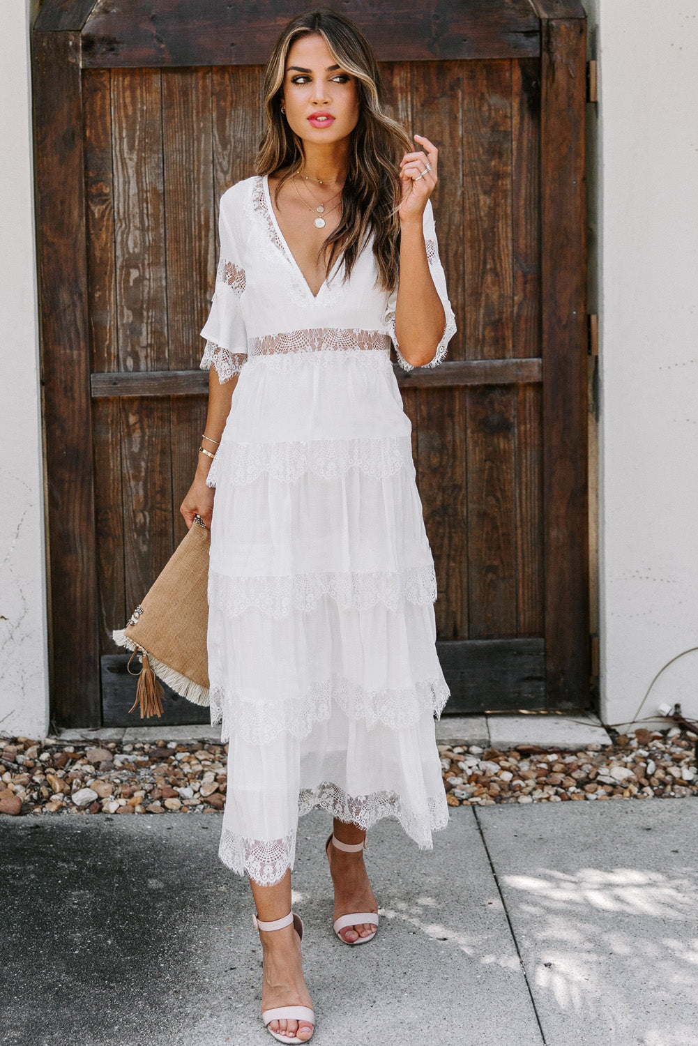 White Swiss Dot Print See-through Lace Patch Layered Long Dress