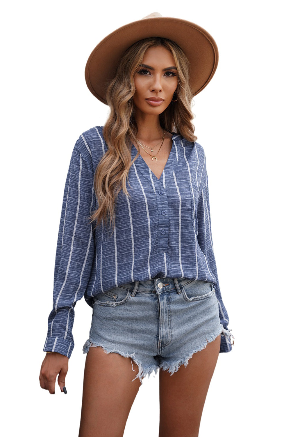 White Striped V Neck Pocket Long Sleeve Top