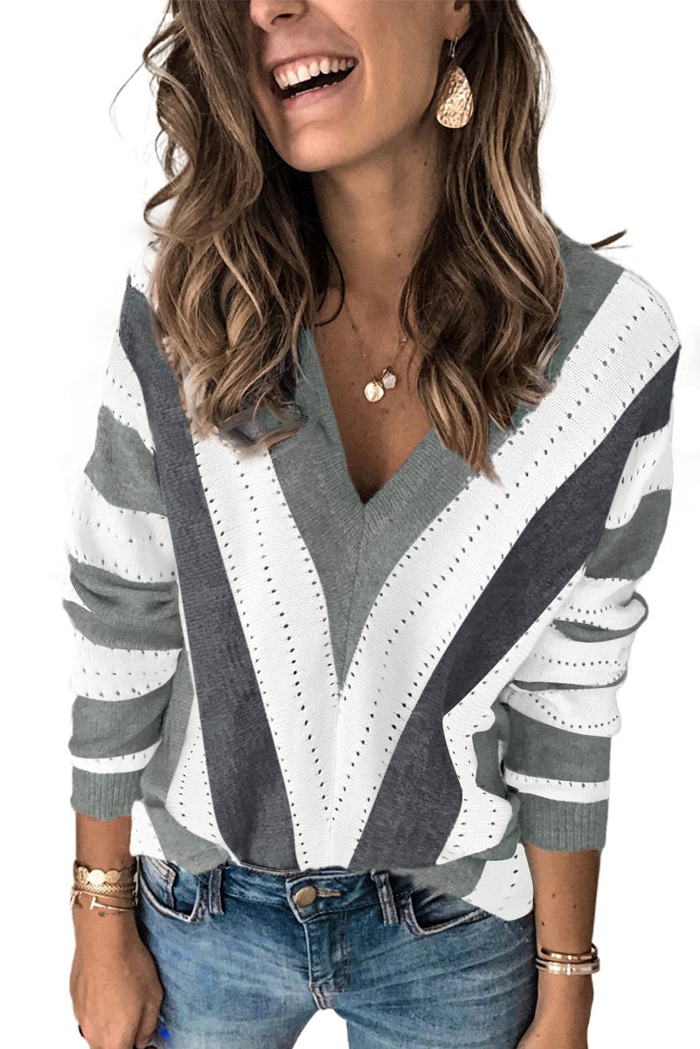 Blue Striped Colorblock V Neck Knitted Sweater