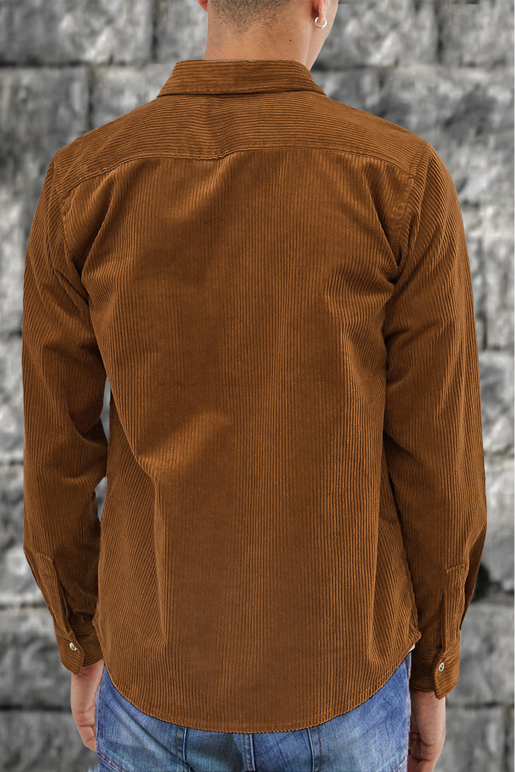 Brown Men Corduroy Flap Pocket Button Front Shirt