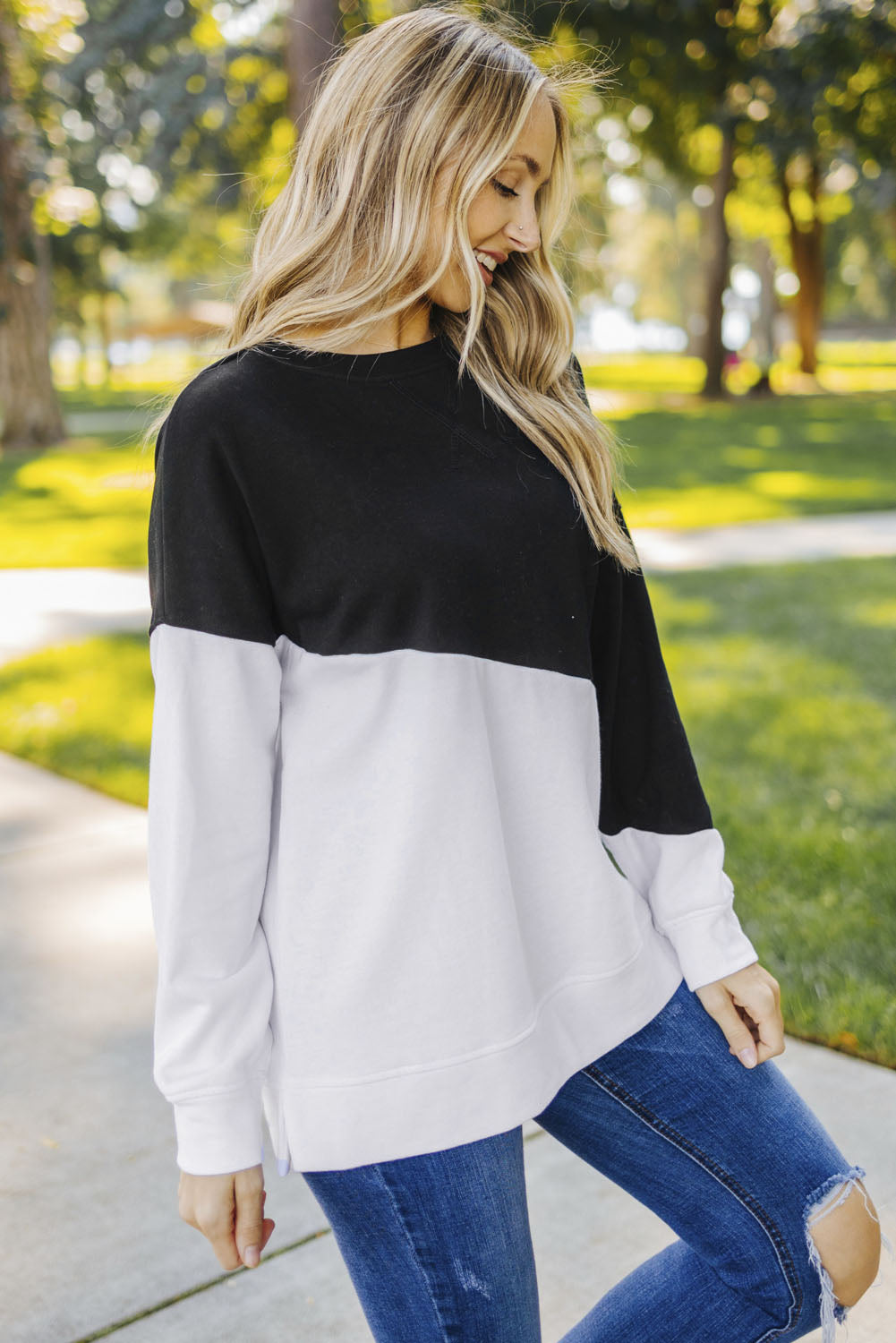 Light Blue Patchwork Dropped Shoulder Sweatshirt