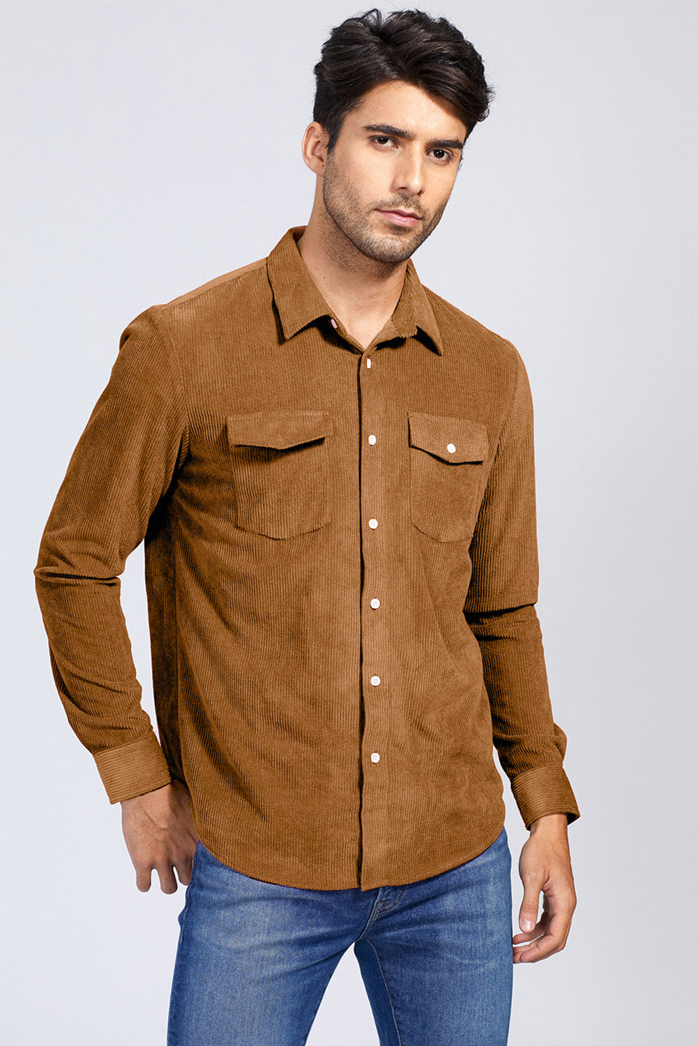 Brown Men Corduroy Flap Pocket Button Front Shirt