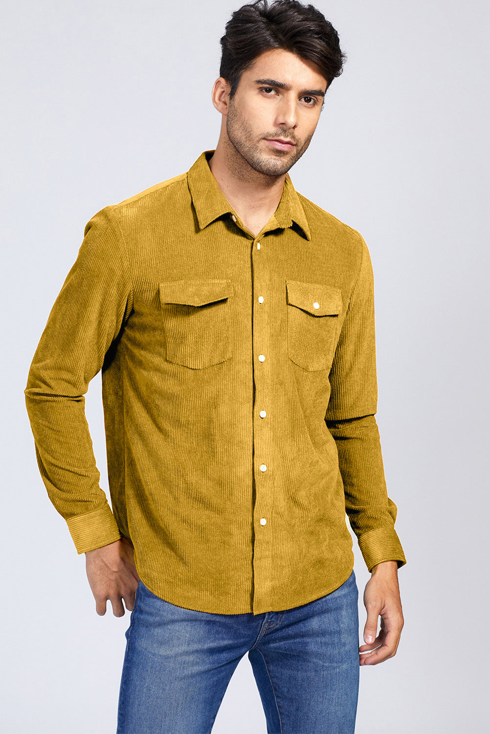 Brown Men Corduroy Flap Pocket Button Front Shirt