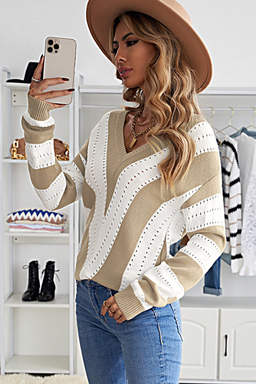 Blue Striped Colorblock V Neck Knitted Sweater