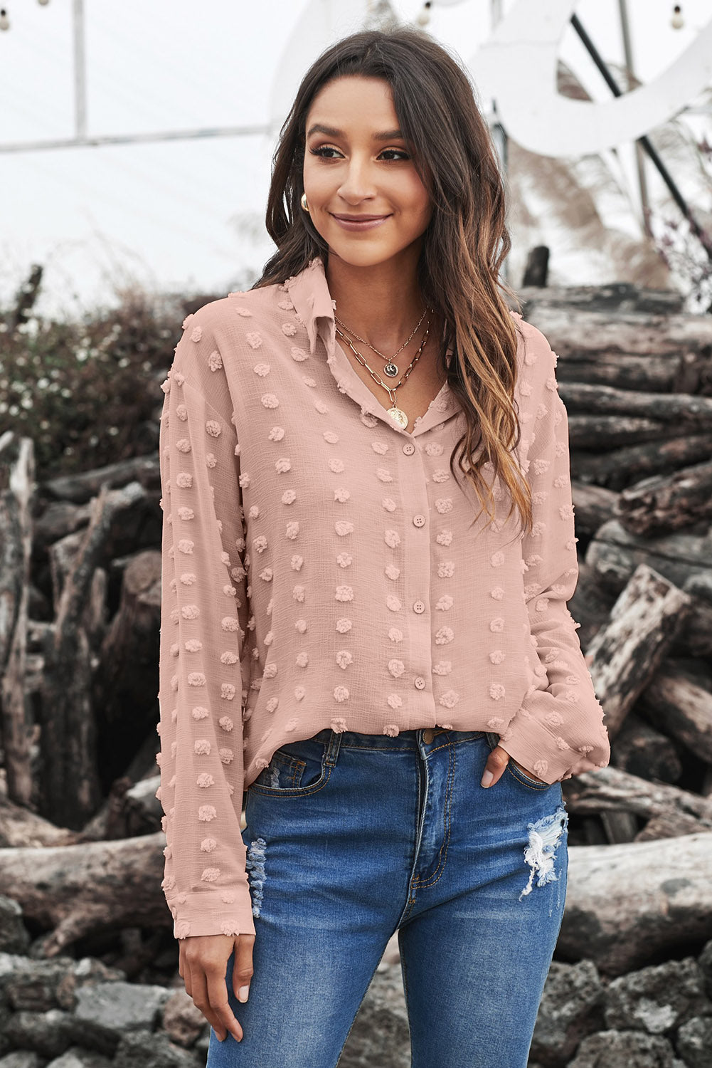 Fiery Red Long Sleeve Button Fuzzy Polka Dot Shirt