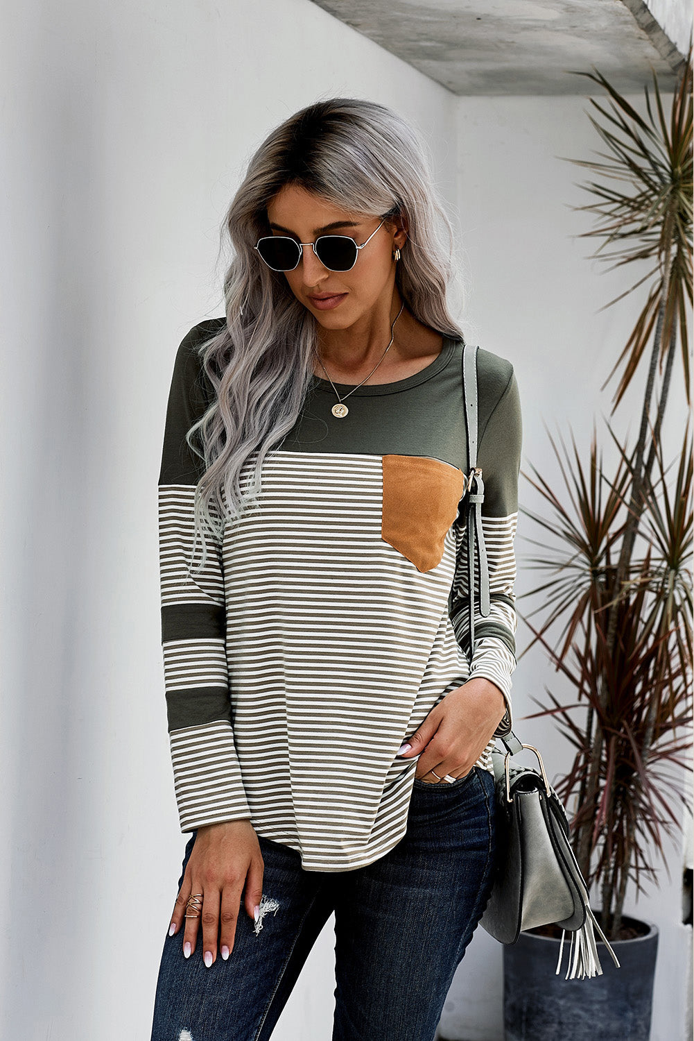 Black Pinstripe Patch Pocket Top