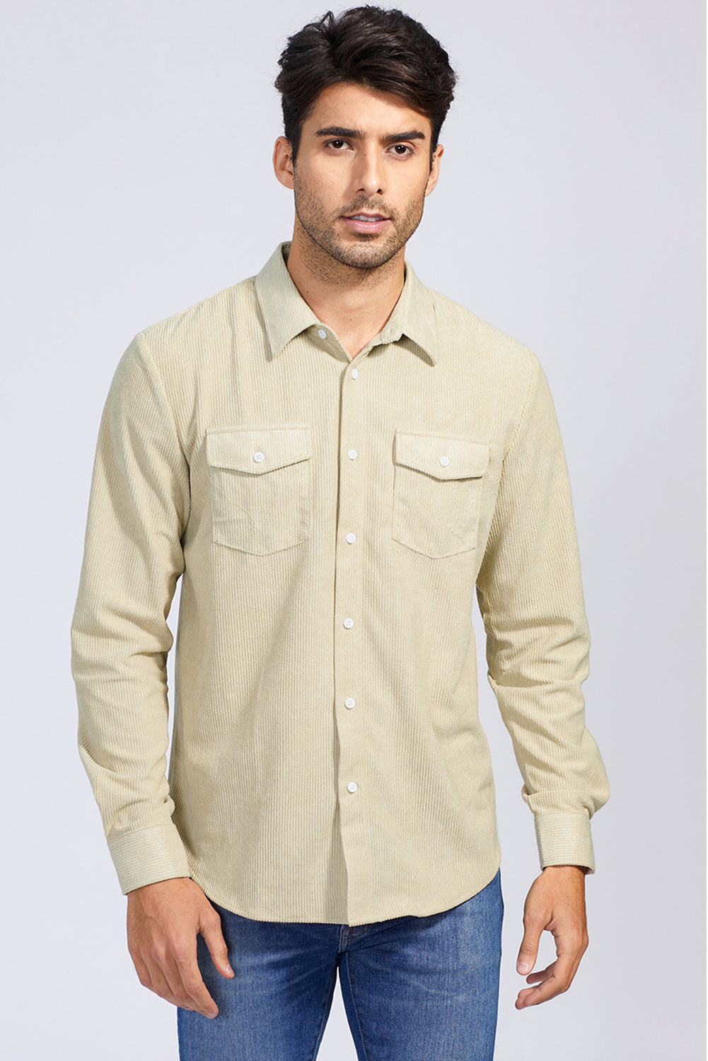 Brown Men Corduroy Flap Pocket Button Front Shirt