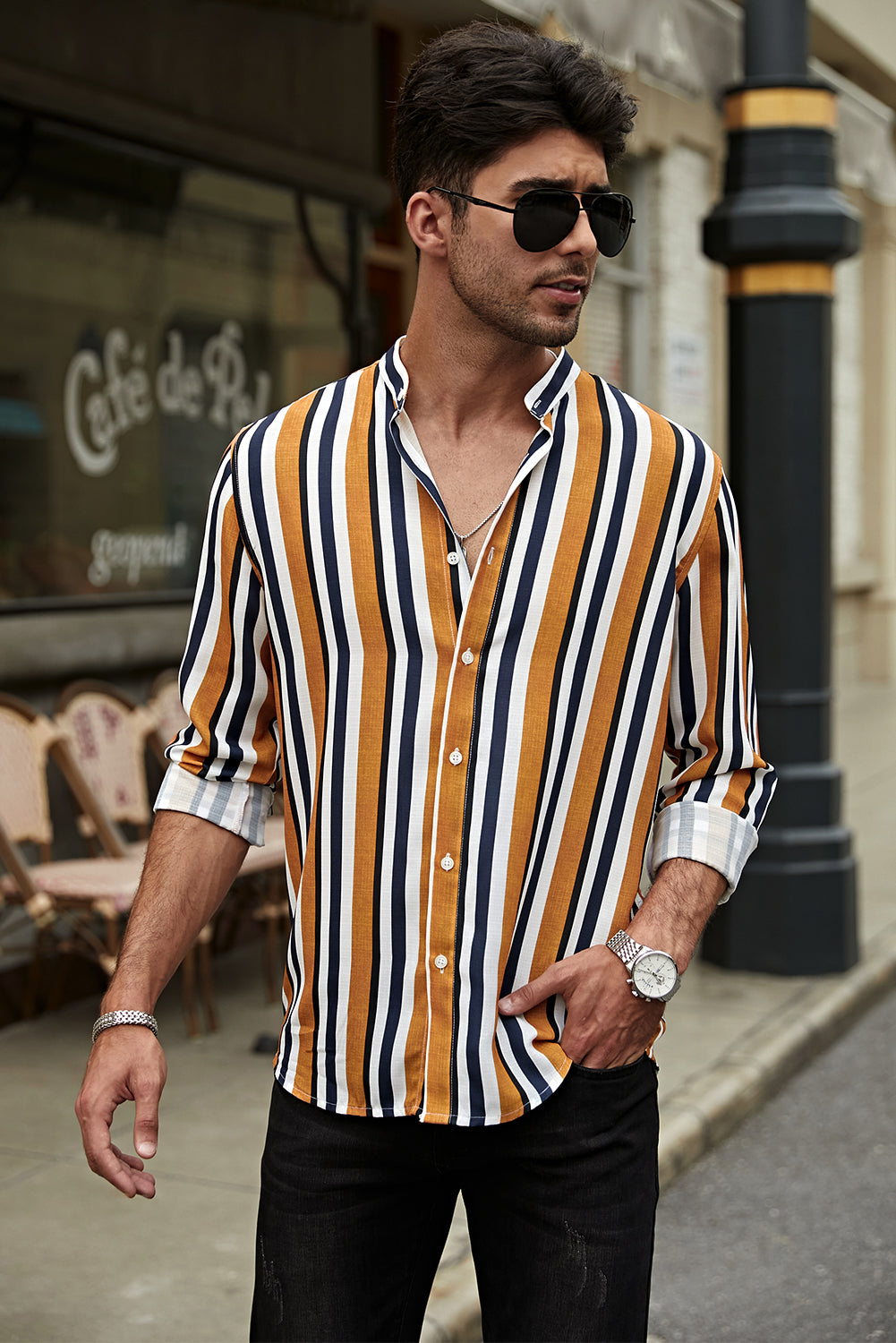 Multicolor Striped Print Buttons Men's Long Sleeve Shirt