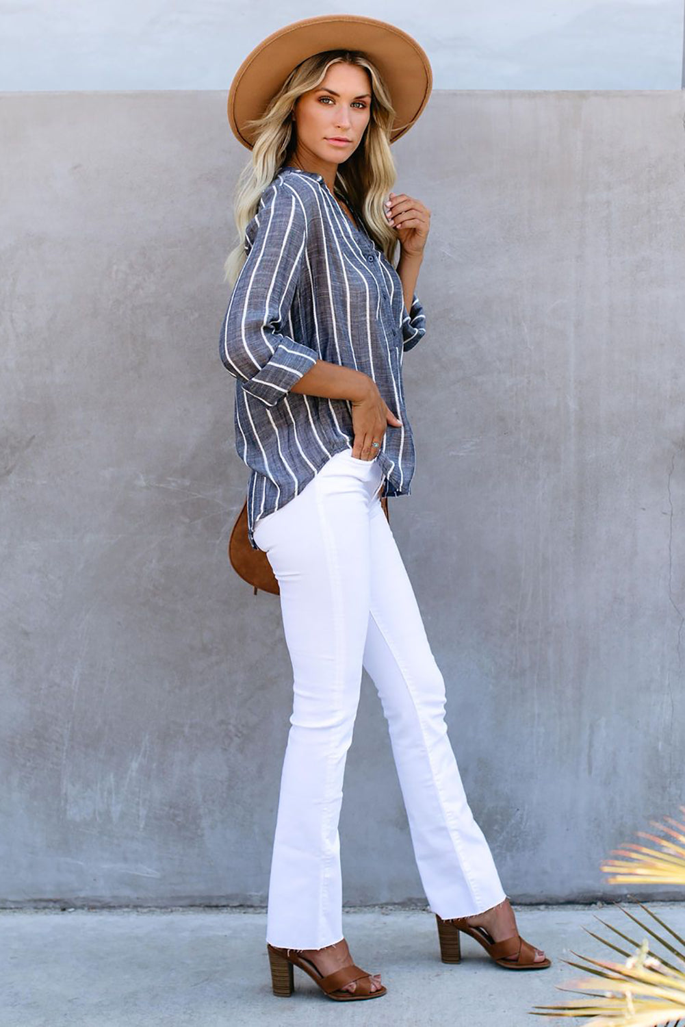 White Striped V Neck Pocket Long Sleeve Top