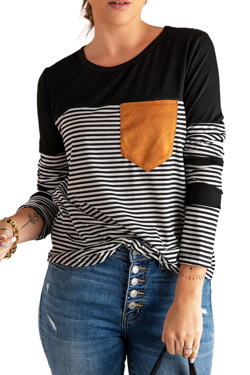 Black Pinstripe Patch Pocket Top