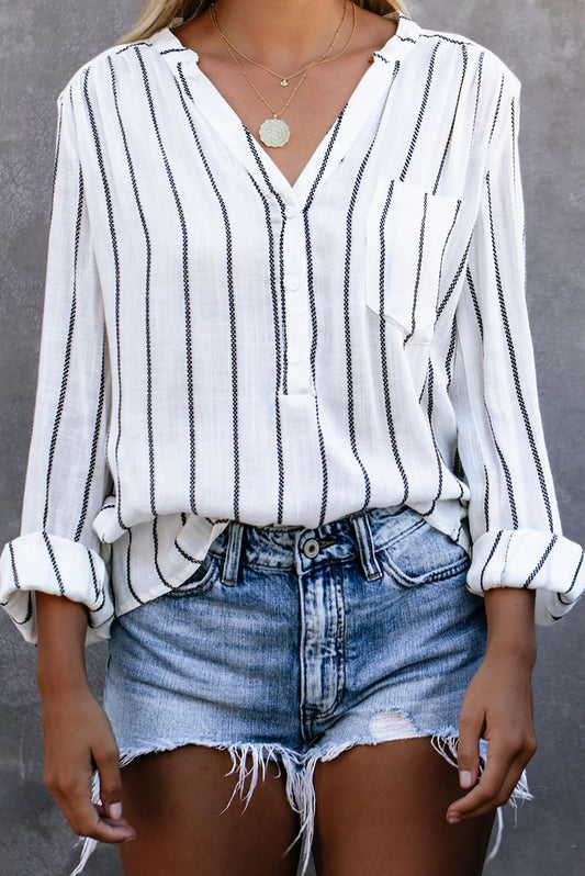 White Striped V Neck Pocket Long Sleeve Top