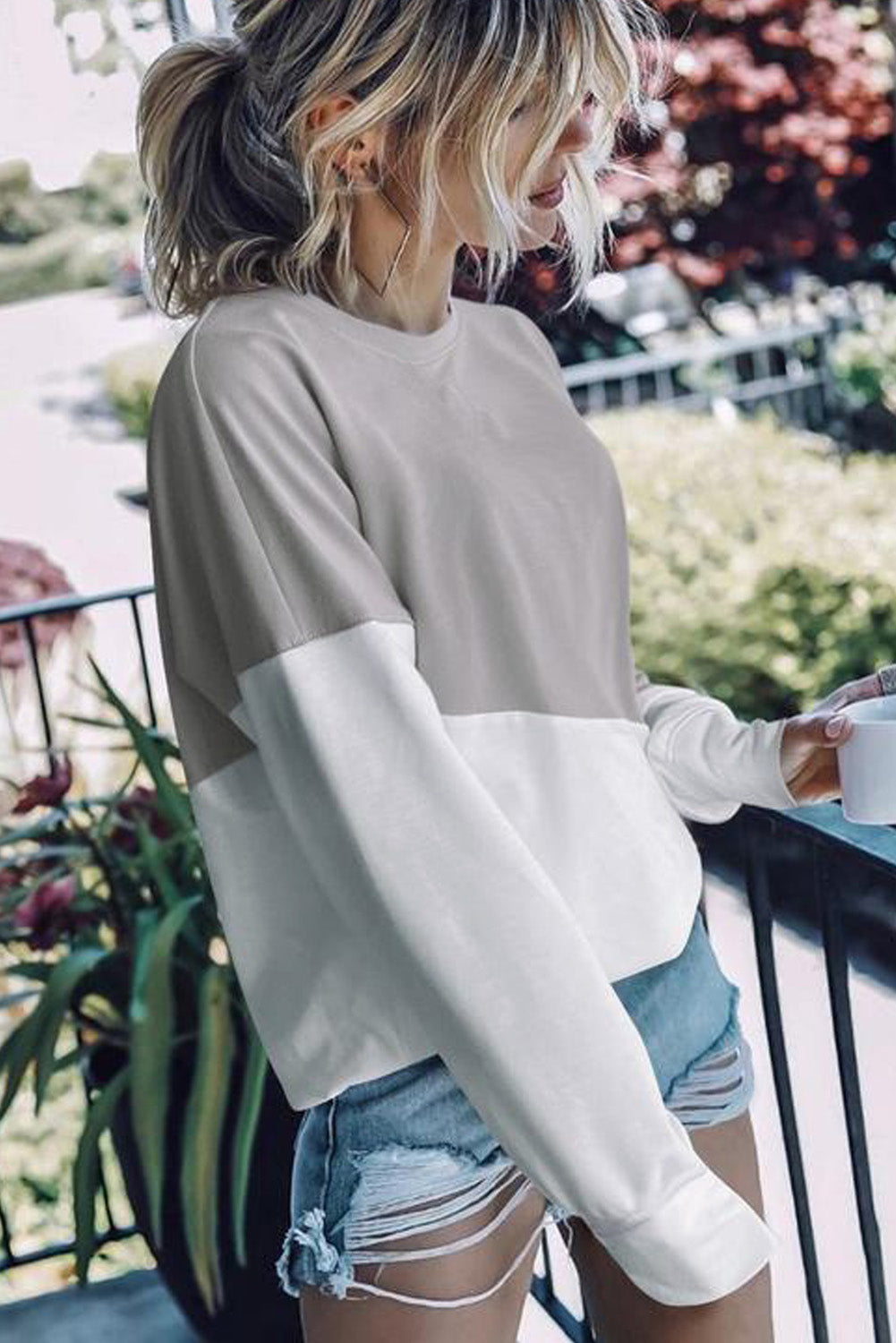 Light Blue Patchwork Dropped Shoulder Sweatshirt