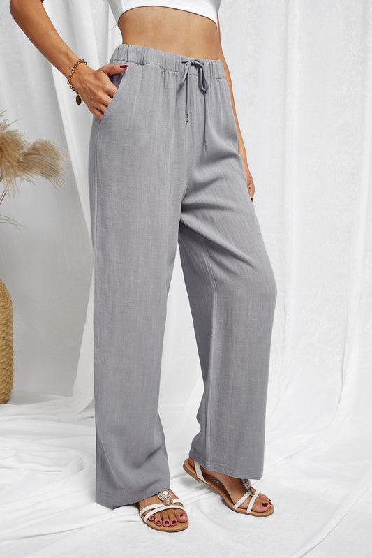 Gray High Waist Drawstring Wide Legs Casual Pants