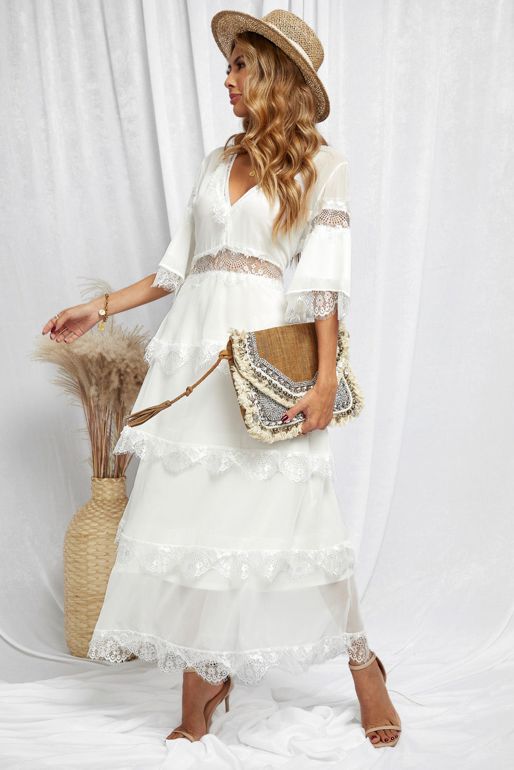 White Swiss Dot Print See-through Lace Patch Layered Long Dress