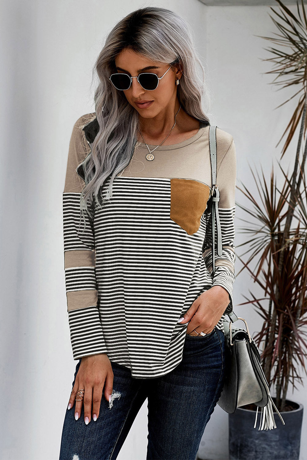 Black Pinstripe Patch Pocket Top