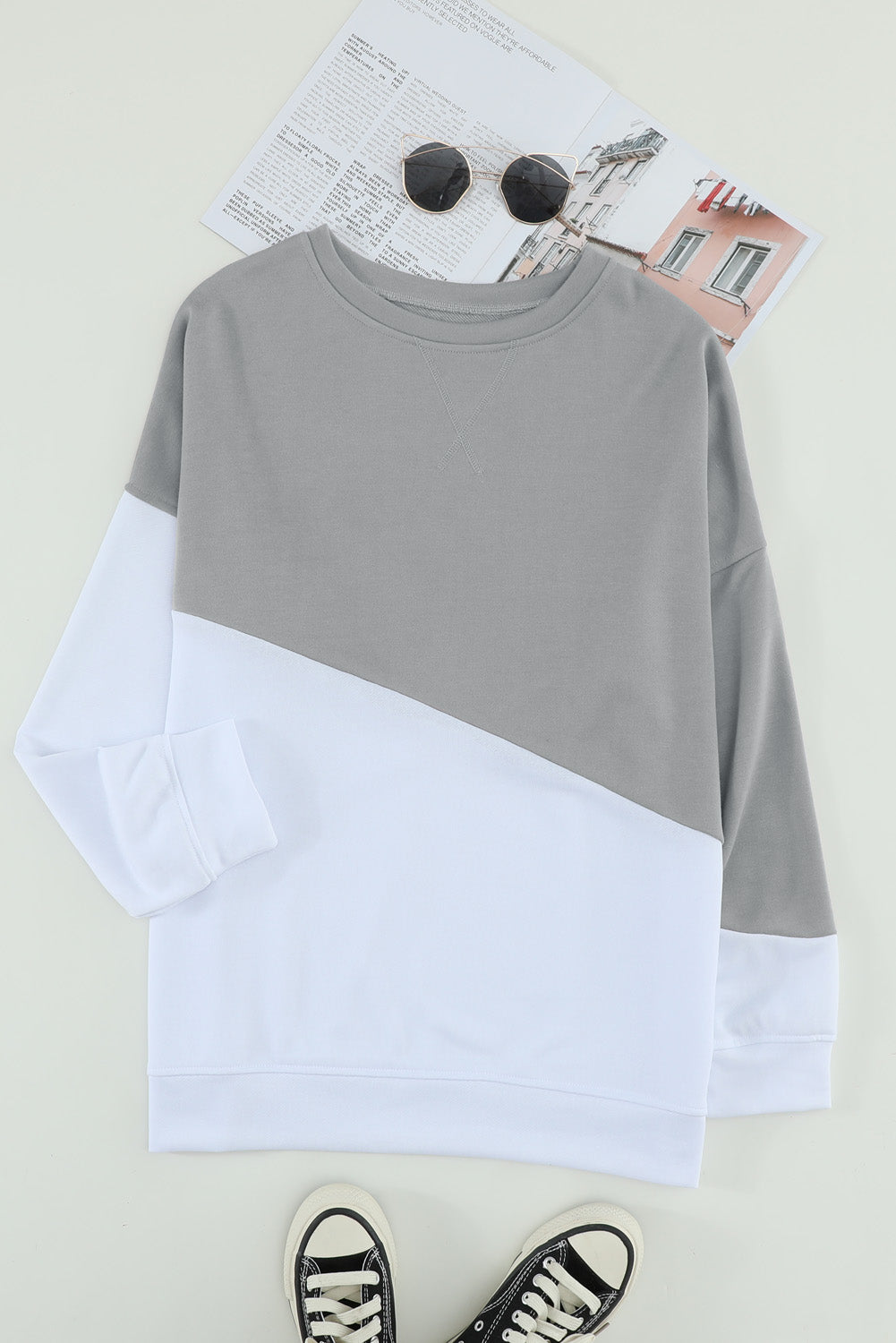 Light Blue Patchwork Dropped Shoulder Sweatshirt