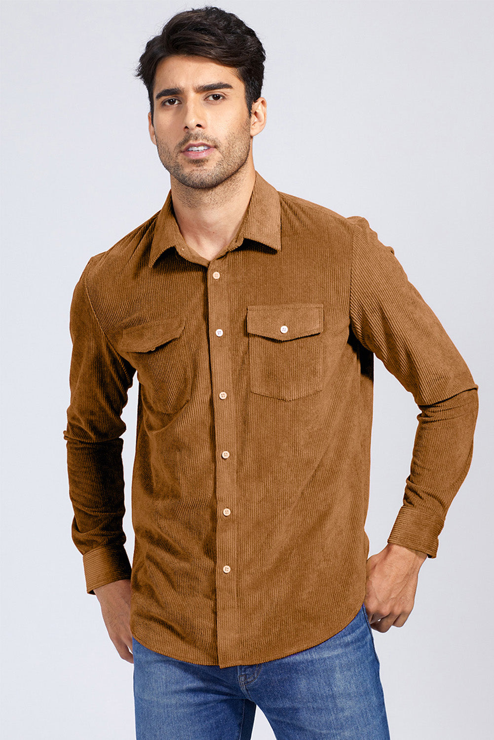 Brown Men Corduroy Flap Pocket Button Front Shirt