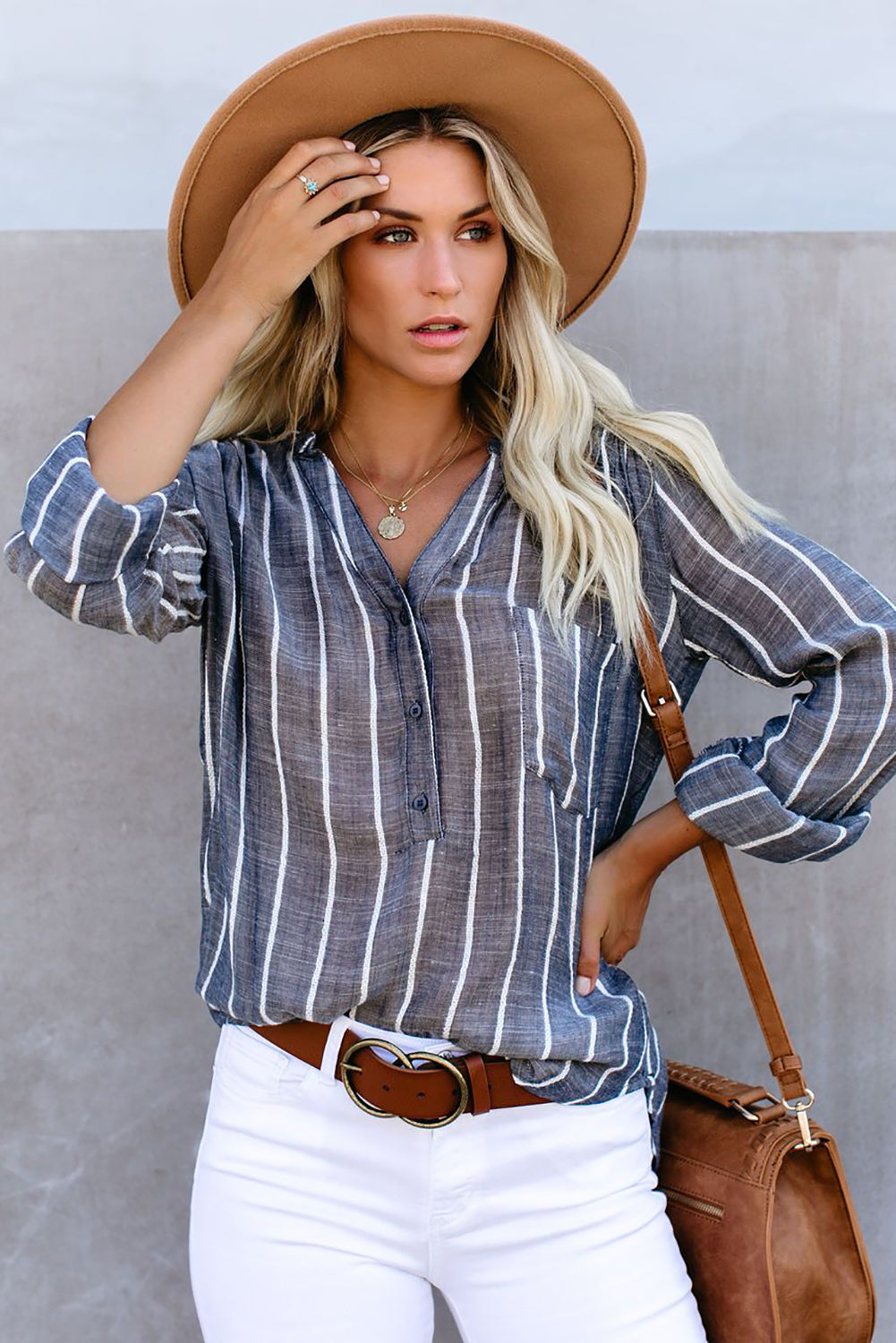 White Striped V Neck Pocket Long Sleeve Top