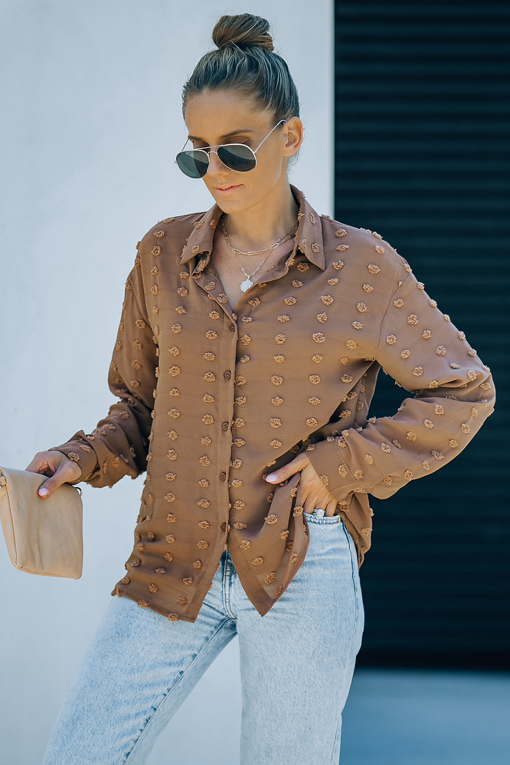 Fiery Red Long Sleeve Button Fuzzy Polka Dot Shirt