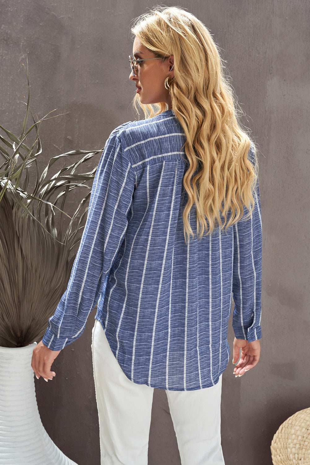 White Striped V Neck Pocket Long Sleeve Top