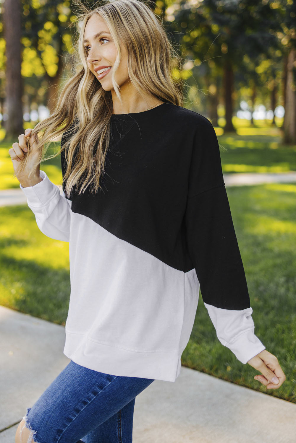 Light Blue Patchwork Dropped Shoulder Sweatshirt