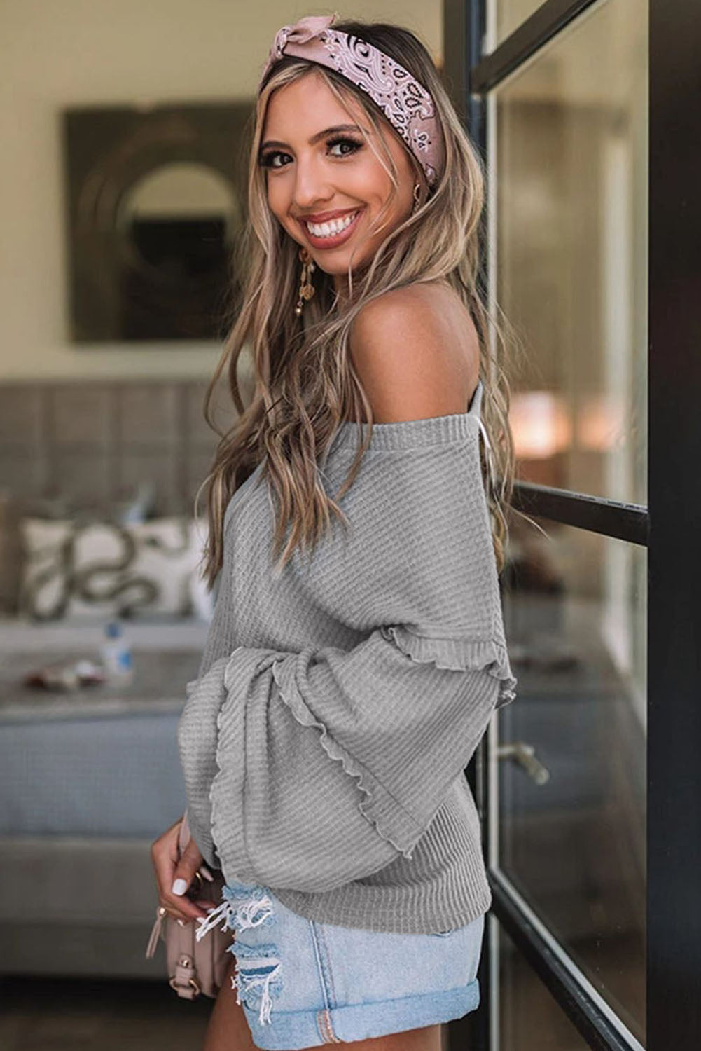 Grey Waffle Ruffled V Neck Loose Knit Top