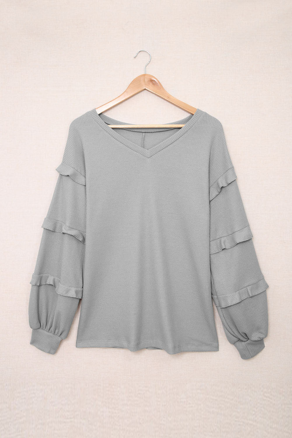 Grey Waffle Ruffled V Neck Loose Knit Top