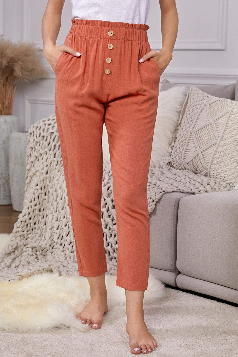 Orange Linen Blend Pocketed Pants