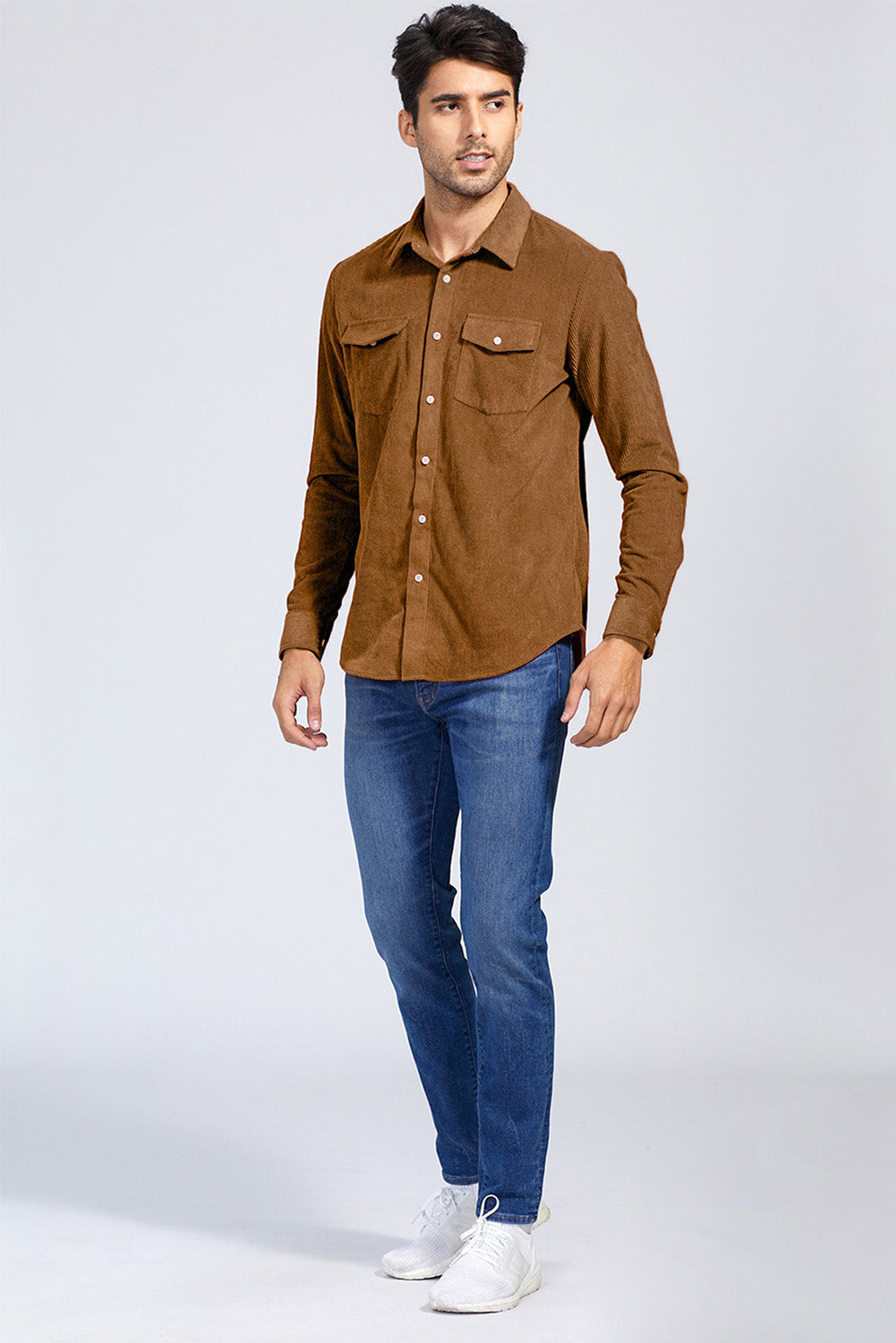 Brown Men Corduroy Flap Pocket Button Front Shirt