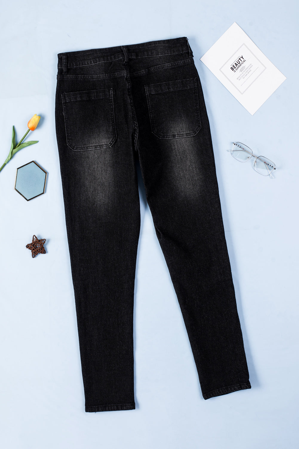 Black Button Fly Skinny Jeans with Pockets