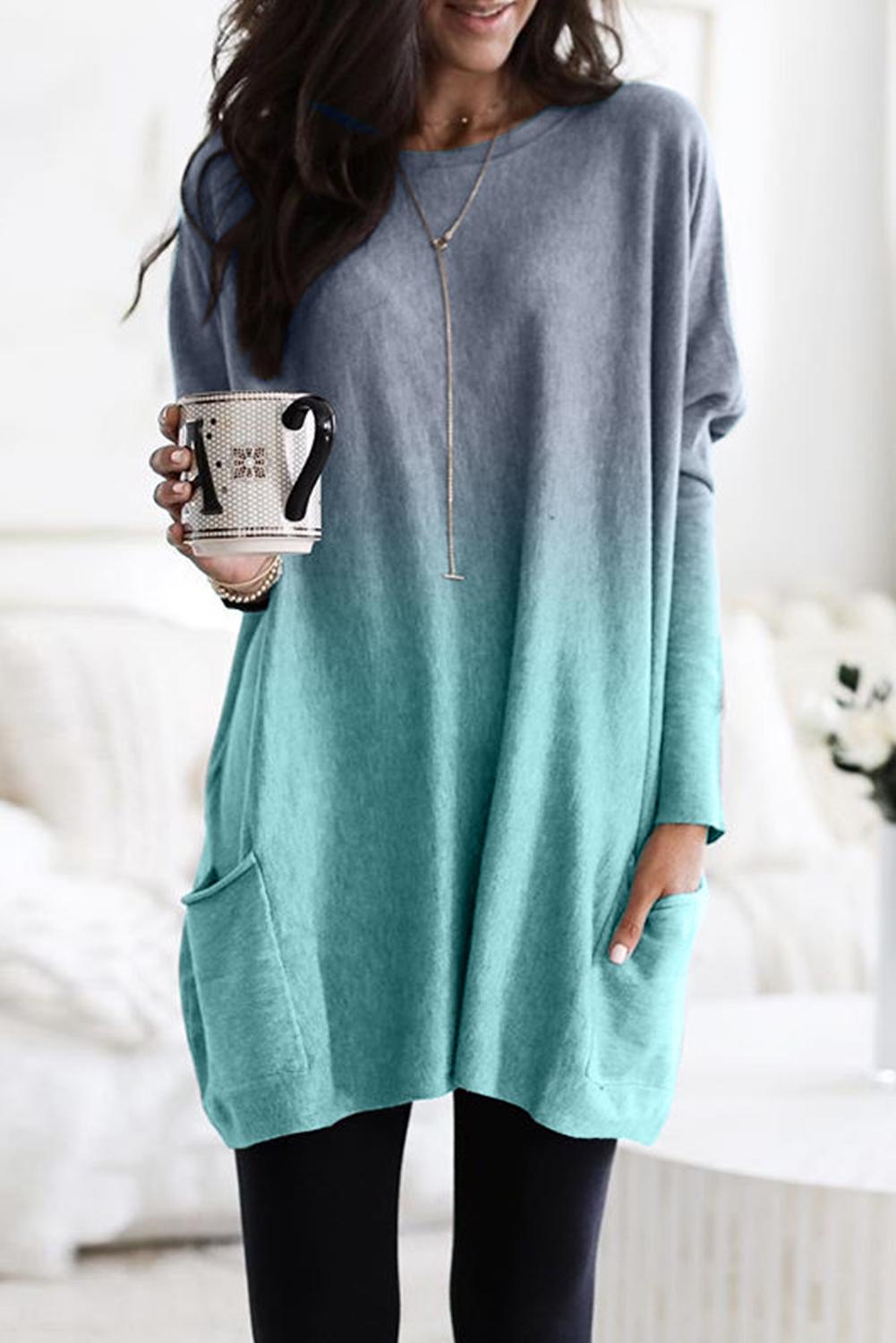 Ombre Blue Color Block Pocketed Side Long Top