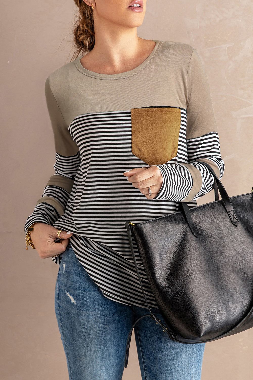 Black Pinstripe Patch Pocket Top