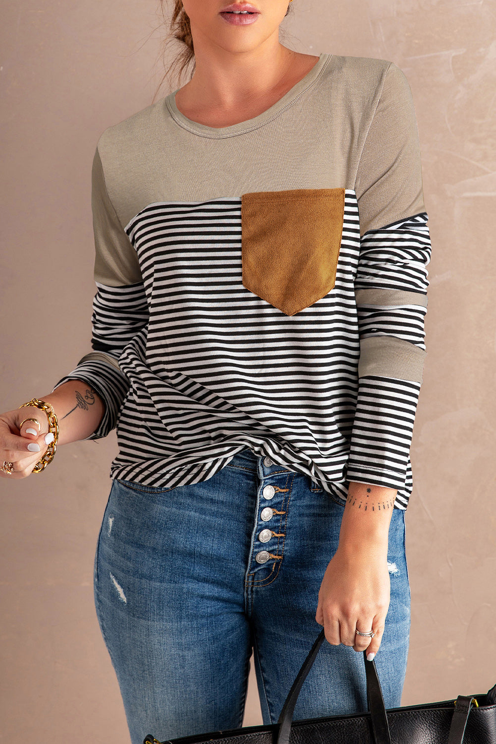 Black Pinstripe Patch Pocket Top