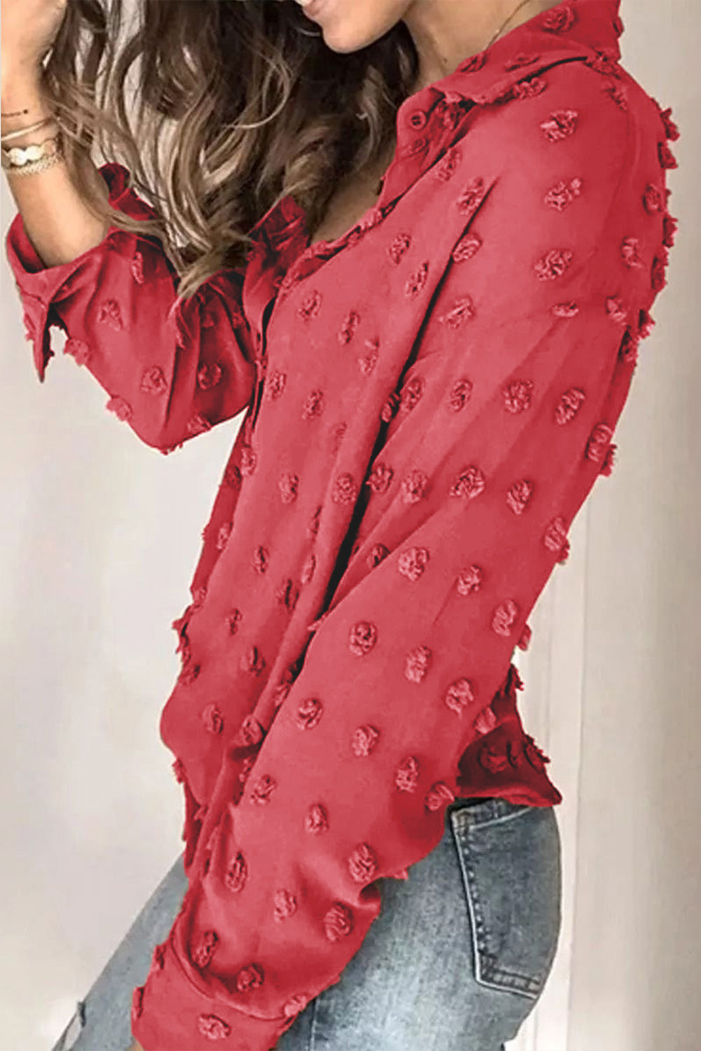 Fiery Red Long Sleeve Button Fuzzy Polka Dot Shirt