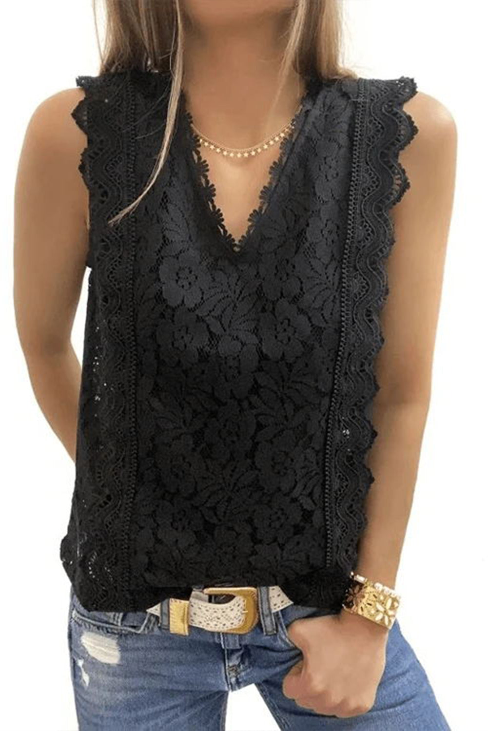 White Lace V Neck Tank Top