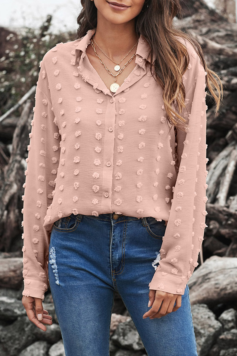 Fiery Red Long Sleeve Button Fuzzy Polka Dot Shirt