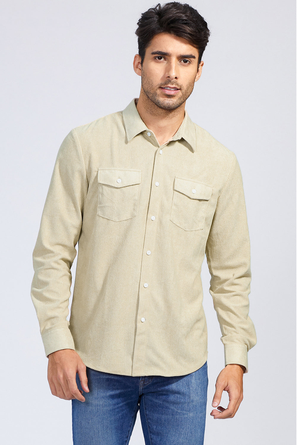 Brown Men Corduroy Flap Pocket Button Front Shirt