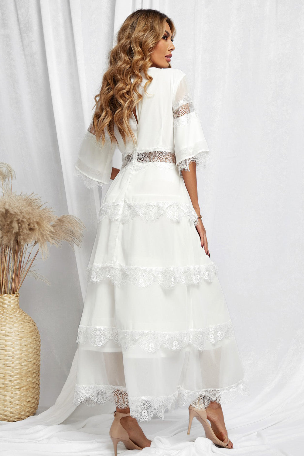 White Swiss Dot Print See-through Lace Patch Layered Long Dress